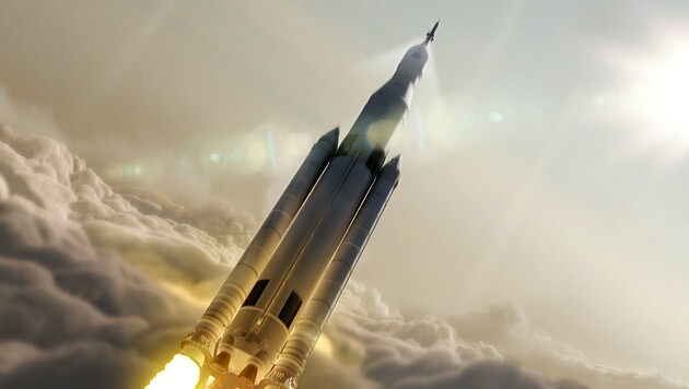 Künstlerische Illustration der neuen SLS-Trägerrakete (Bild: NASA/MSFC)
