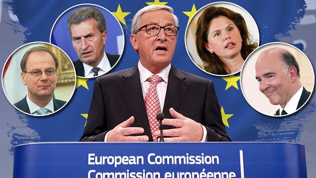 Von links: Navracsics, Oettinger, Juncker, Bratusek, Moscovici (Bild: APA, EPA, AP, thinkstockphotos.de, krone.at-Grafik)
