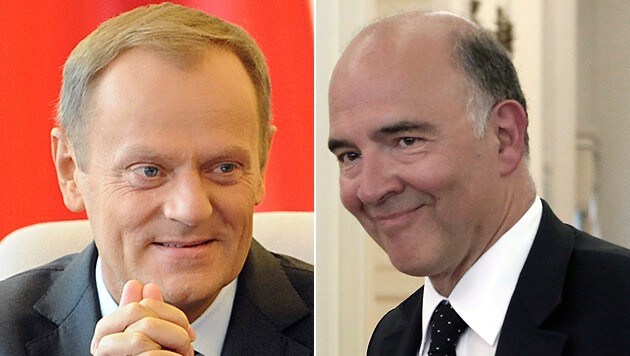 Der neue EU-Ratsvorsitzender Donald Tusk (li.) und EU-Währungskommissar Pierre Moscovici (Bild: AP, APA/EPA/YANNIS KOLESIDIS)