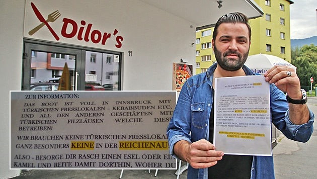 Serdar Demir (36) mit einer Kopie des Drohbriefs (Bild: Christoph Birbaumer)
