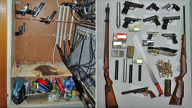 Die Waffen wurden in verschiedenen Verstecken - etwa einem Schaltschrank (li.) - entdeckt. (Bild: APA/POLIZEI)