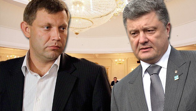 Rebellenführer Sachartschenko (li.) und Präsident Poroschenko (Bild: APA/EPA/VITALY ZALESSKY, AP, krone.at-Grafik)