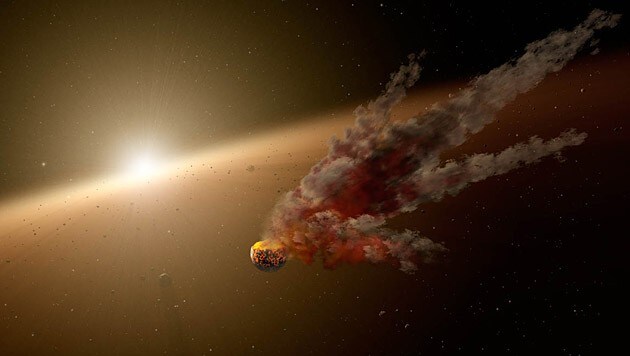 Künstlerische Darstellung der Asteroiden-Kollision nahe dem Stern NGC 2547-ID8 (links) (Bild: NASA/JPL-Caltech)