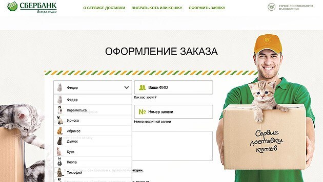 Auf der Website der russischen Sberbank kann man sich eine Katze zum Konto bestellen. (Bild: Screenshot kotoservice.ru)
