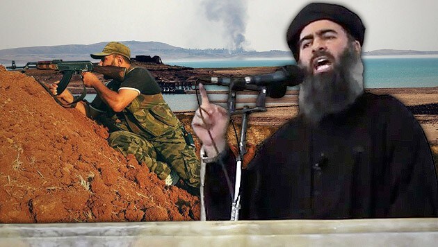 IS-Chef Abu Bakr al-Baghdadi, der selbst ernannte "Kalif" des "Islamischen Staats" (rechts) (Bild: AP, krone.at-Grafik)