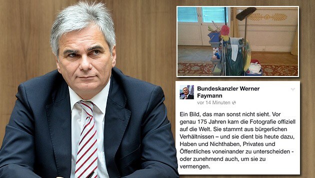 Kanzler Faymann und sein Putzkübel-Posting sorgen für Erheiterung. (Bild: APA/Roland Schlager, facebook.com)