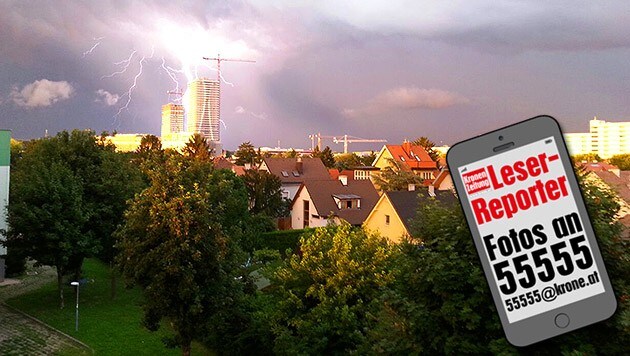 Blitzschlag über der Donaustadt - Gerhard Eder drückte genau im richtigen Moment ab. (Bild: krone.at-Grafik, Leserreporter Gerhard Eder)