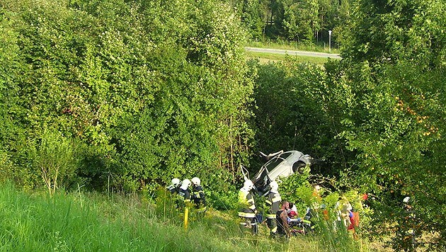 Der Wagen stürzte rund 60 Meter über eine Böschung und blieb in den Bäumen hängen. (Bild: HFW Villach/KK)