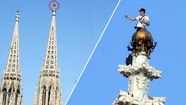 Mann auf Wiener Kirche - diese Bilder versetzten die Twitter-Gemeinde am Donnerstag in Aufregung. (Bild: Martin Schöpfer)