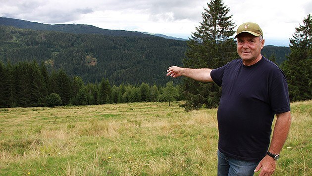 Retter Franz Rossmann zeigt zum Waldstück, in dem er den Verletzten entdeckte. (Bild: Josef Fürbass)