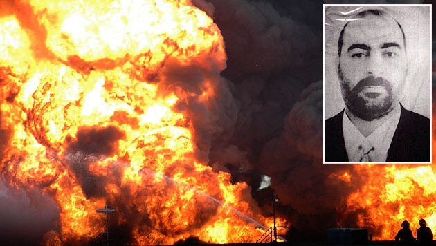 Brennende Ölraffinerie in Syrien: Das Werk von ISIS und ihrem Kalifen Al-Bagdadi (kl. Bild)? (Bild: APA/EPA/STRINGER, AP)