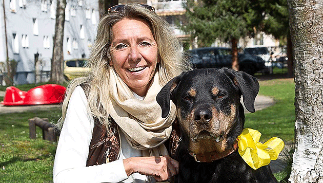 Brigitte Höck mit ihrem Rottweiler "Ricco" und einem gelben Mascherl. (Bild: FMT-Pictures/Moser)