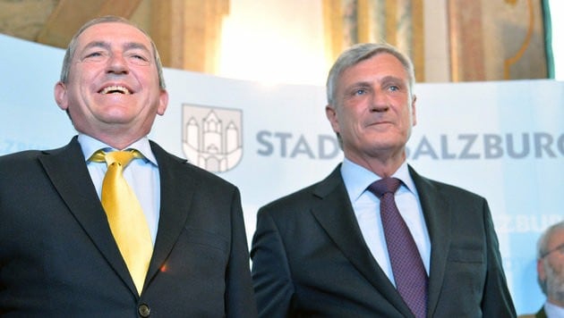 Ex-Bürgermeister Heinz Schaden (SPÖ) mit dem aktuellen Stadtchef Harald Preuner (ÖVP) (Bild: APA/BARBARA GINDL)